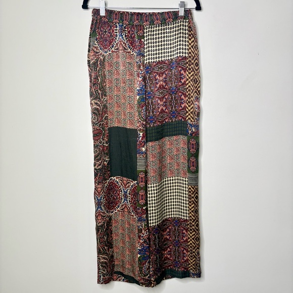 Zara Patchwork Satin Stretch Pants Wide Leg Pockets Colorful Boho - Picture 2 of 6